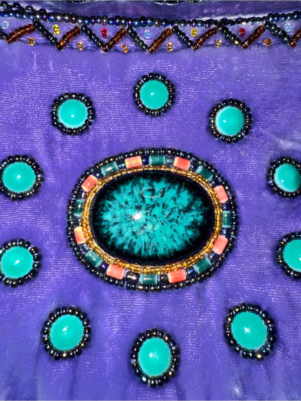 Vintage BOHO Purple Beaded velvet Crossbody Dragon eye Cabochon - Picture 3 of 6